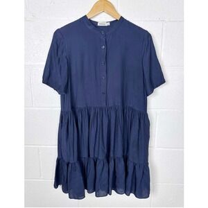 Simkhai Livia Silk Blend Tiered Mini Dress Womens Small Navy Blue Short Sleeve‎